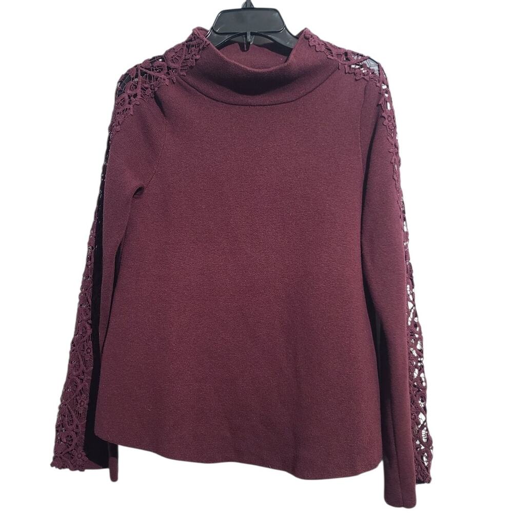 Anthropologie Burgundy Bell Sleeve Funnel Neck Sweater with Lace Sleeves Size S